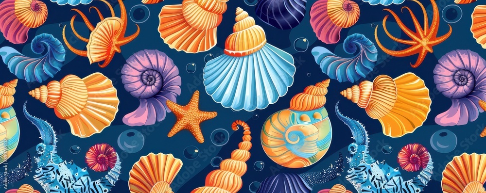 A pattern of shells and starfish on a dark background.