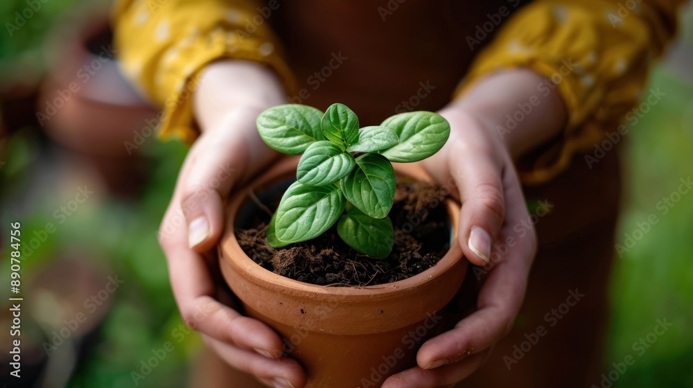 Closeup of hands holding a small potted plant Closeup of hands holding a small potted plant