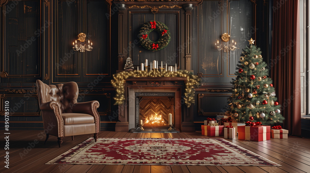 Table set for holidays with Christmas tree and fireplace, with copy space.
