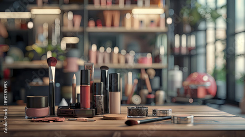 A set of cosmetics placed on a makeup table © Taisiia