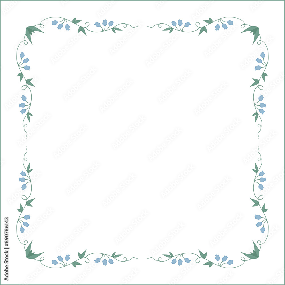 Green floral frame with blue bluebell flowers, bluebells decorative corners for greeting cards, banners, business cards, invitations, menus. Isolated vector illustration. Green floral frame with blue bluebell flowers, bluebells decorative corners for greeting cards, banners, business cards, invitations, menus. Isolated vector illustration.