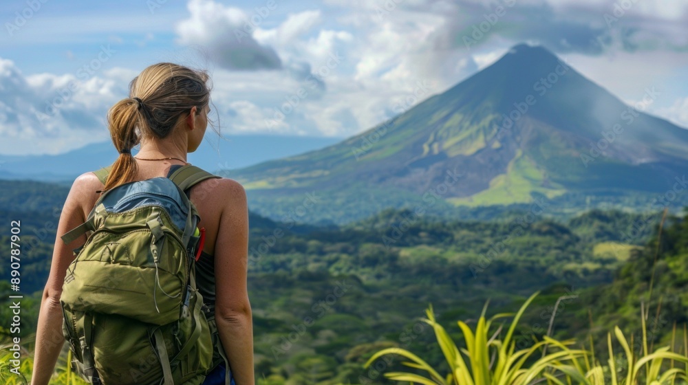 Naklejka premium A woman is standing on a mountain top with a backpack on her back