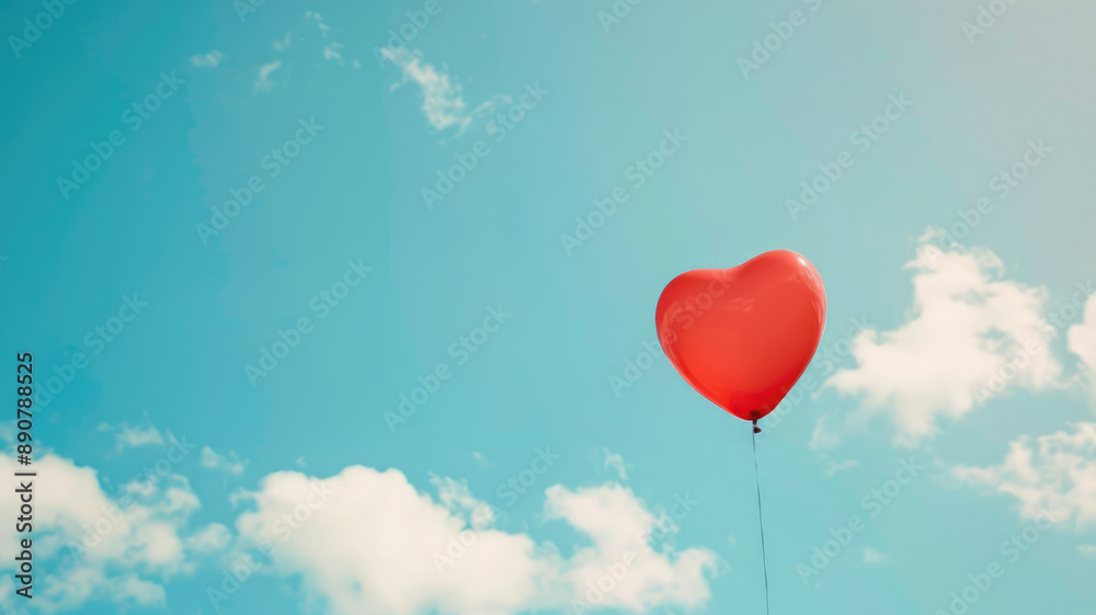 Red heart-shaped balloon floats against blue sky with white clouds Red heart-shaped balloon floats against blue sky with white clouds
