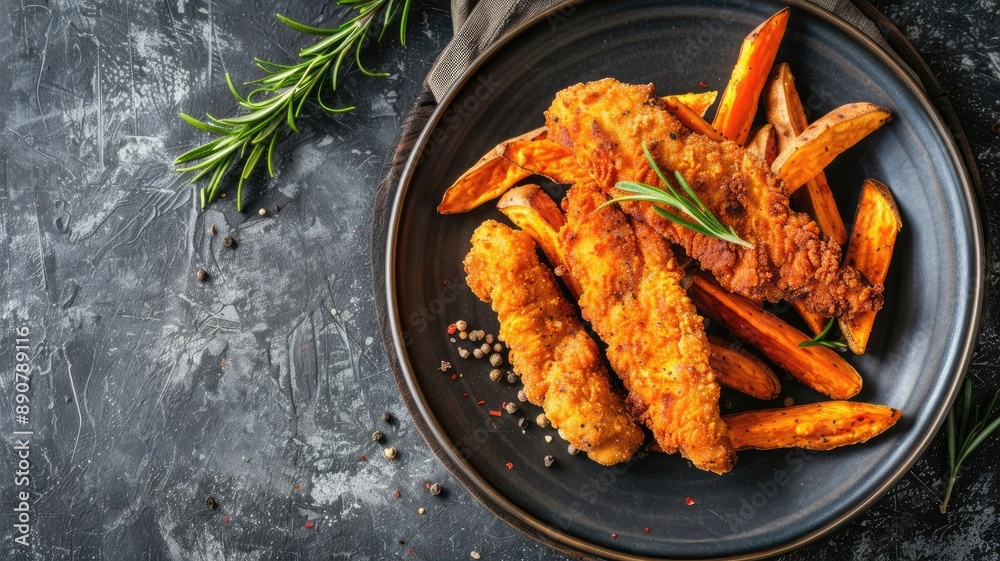 Crispy fried chicken strips with seasoned sweet potato fries Crispy fried chicken strips with seasoned sweet potato fries