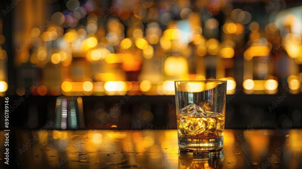 Glass of whiskey with ice cubes in dimly lit bar Glass of whiskey with ice cubes in dimly lit bar