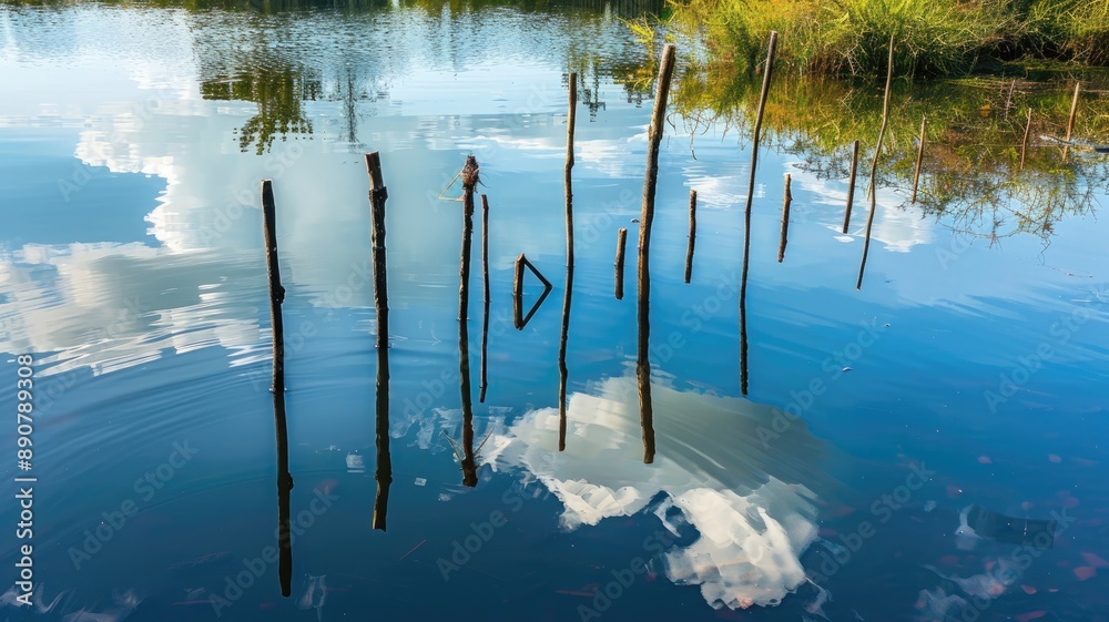 Reflective lake surface with wooden posts and cloud reflections Reflective lake surface with wooden posts and cloud reflections