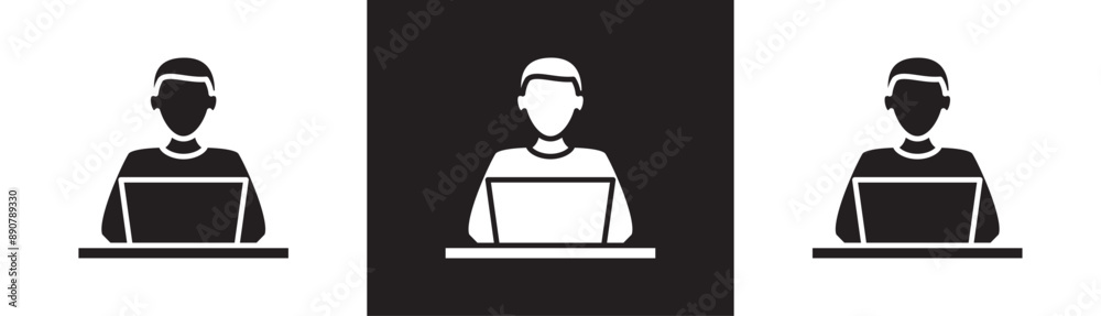Customer Service Officer icon, User support, CS man with Laptop and Headphon, Support admin icon, Support service and telemarketing, Job icon vector illustration on black and white and transparent. Customer Service Officer icon, User support, CS man with Laptop and Headphon, Support admin icon, Support service and telemarketing, Job icon vector illustration on black and white and transparent.