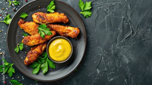 Fried chicken tenders with mustard dipping sauce on black plate, garnished parsley textured dark background