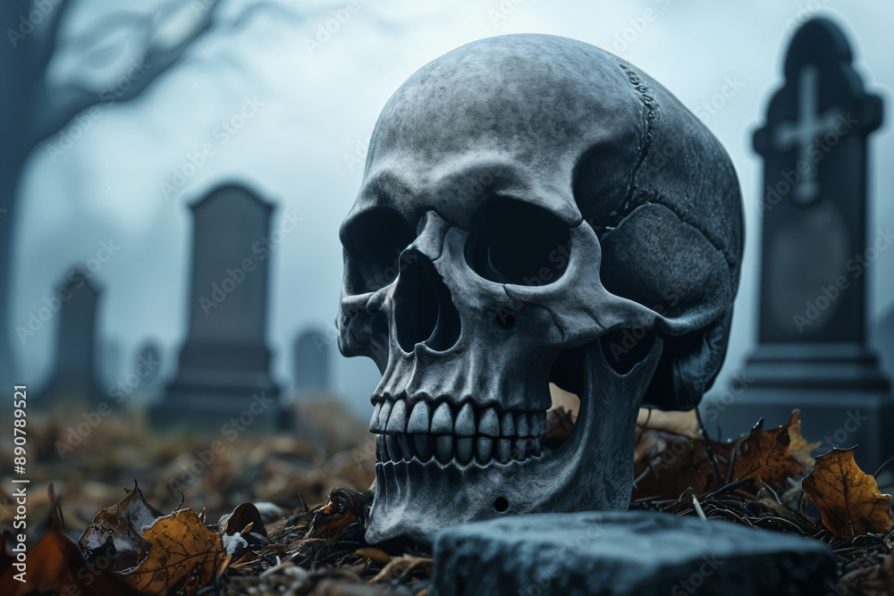 Large skull with stitches, resting on the ground among gravestones and fallen leaves. Large skull with stitches, resting on the ground among gravestones and fallen leaves.