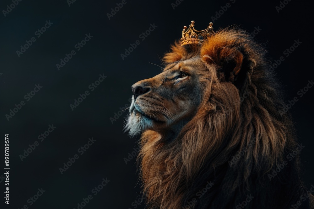 Fototapeta premium A majestic lion wearing a royal crown, suitable for symbolic or decorative uses