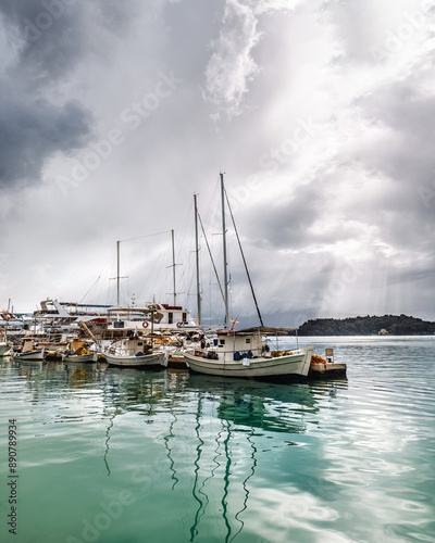 Cruise from Nidri port in Lefkada or Lefkas Greek island, Ionian Sea near Preveza. Summer vacation on boat, cloudy sky