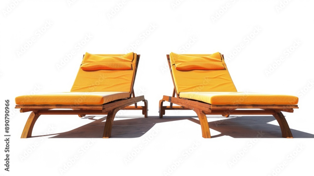 Two wooden lounge chairs with bright orange cushions, perfect for outdoor or indoor relaxation Two wooden lounge chairs with bright orange cushions, perfect for outdoor or indoor relaxation