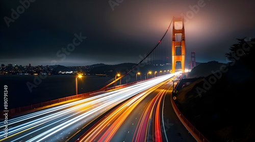 Long exposure of vehicle lights on Golden Gate Bridge at night