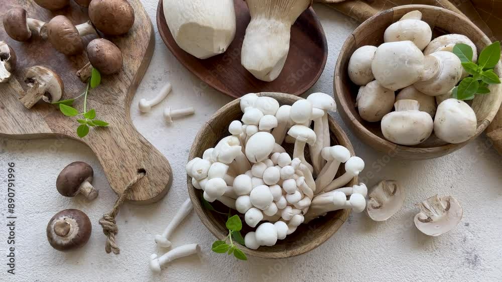 Assortment of various raw mushrooms on gray concrete background Assortment of various raw mushrooms on gray concrete background
