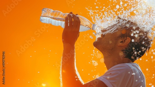 Man sweating pours water on head against orange background, illustrating relief from heat, banner, empty space