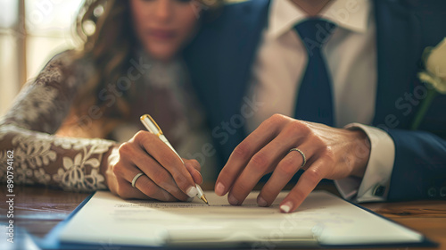 spouses signing a prenuptial agreement or divorce papers photo