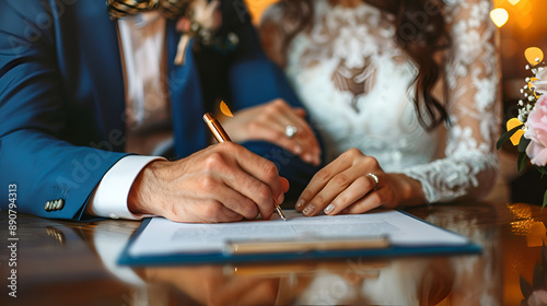 spouses signing a prenuptial agreement or divorce papers