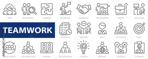 Business teamwork icon set. Business team working together symbol. Team building, work group, human resources, co-worker, cooperation, collaboration and more. Vector illustration