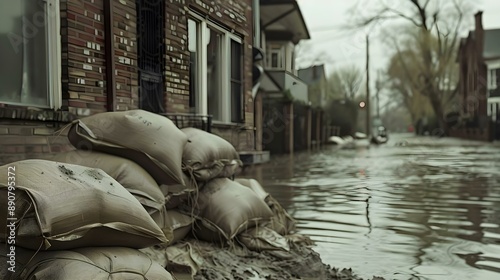 Flood protection with sandbags in flooded area