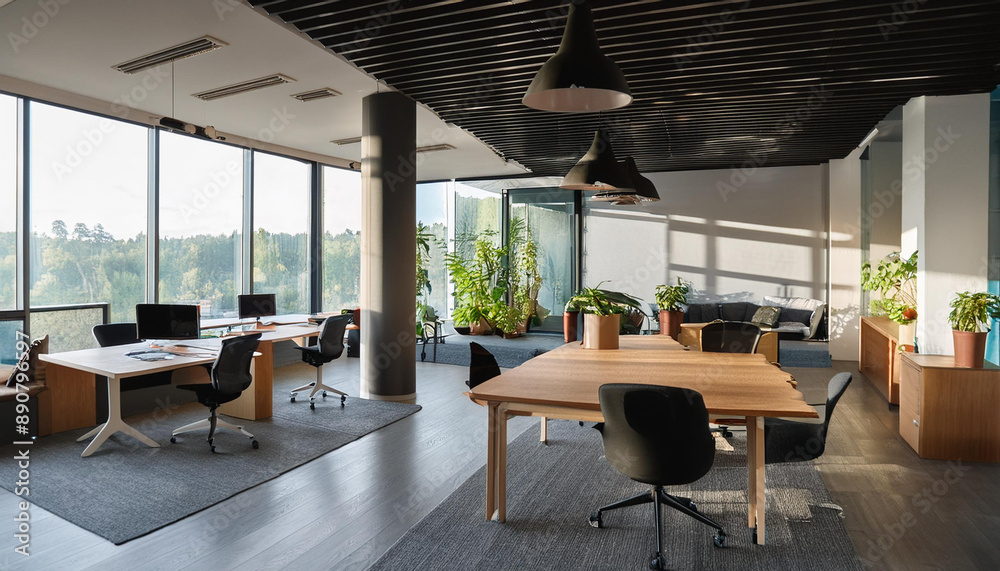 Fototapeta premium Modern Office Space with Relax Corner and Window View