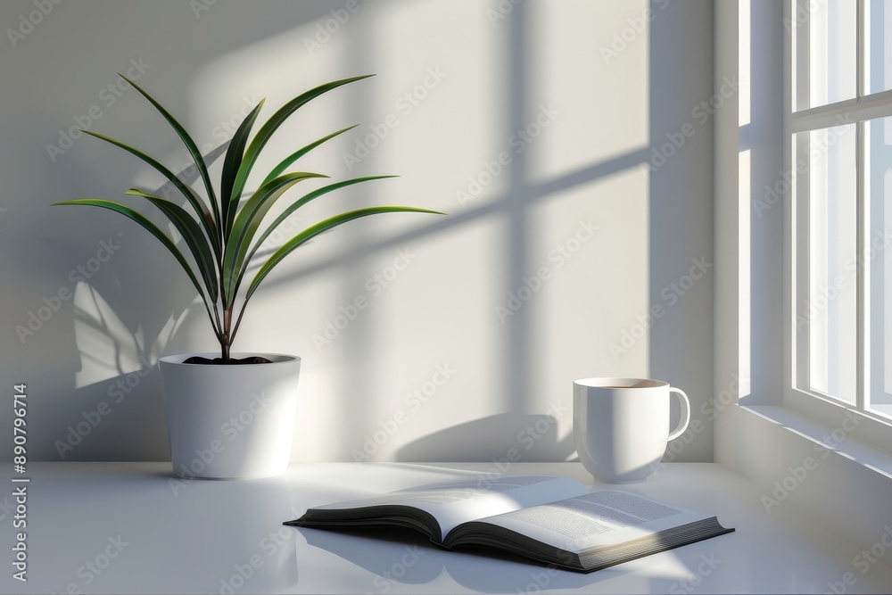 Open Book and Coffee Cup on White Table Beside Window With Plant Open Book and Coffee Cup on White Table Beside Window With Plant