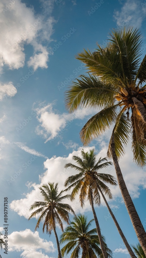 Bright sky backdrop with coconut palm trees and a gleaming sun Bright sky backdrop with coconut palm trees and a gleaming sun