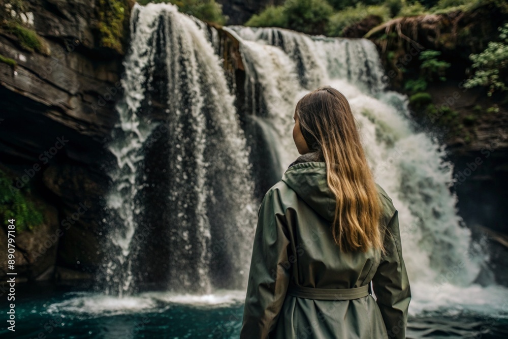 A woman in a rubber raincoat on the background of a huge blue waterfall. The girl travels and enjoys life and the environment. Tourism. A woman in a rubber raincoat on the background of a huge blue waterfall. The girl travels and enjoys life and the environment. Tourism.