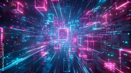 technology virtual reality blockchain neon cube data stream background created with generative ai technology