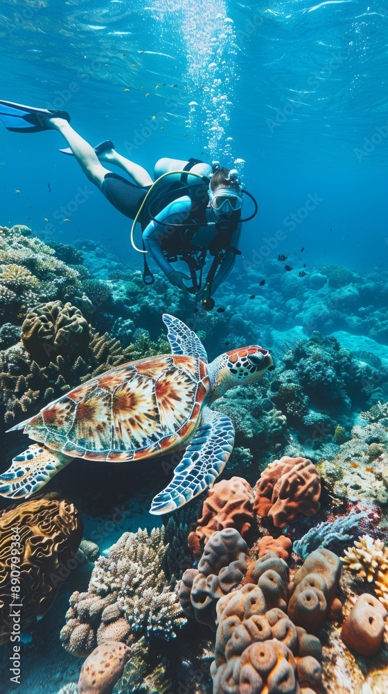 A man is scuba diving in the ocean and is surrounded by a variety of sea life A man is scuba diving in the ocean and is surrounded by a variety of sea life