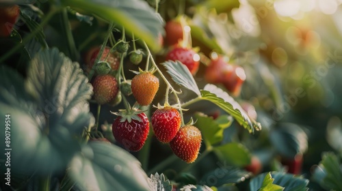 Close-up of Red Ripe Strawberries Growing on a Plant