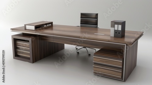 Contemporary office desk with drawers and shelves. Modern design with drawers and folders. Business interior design elements. 