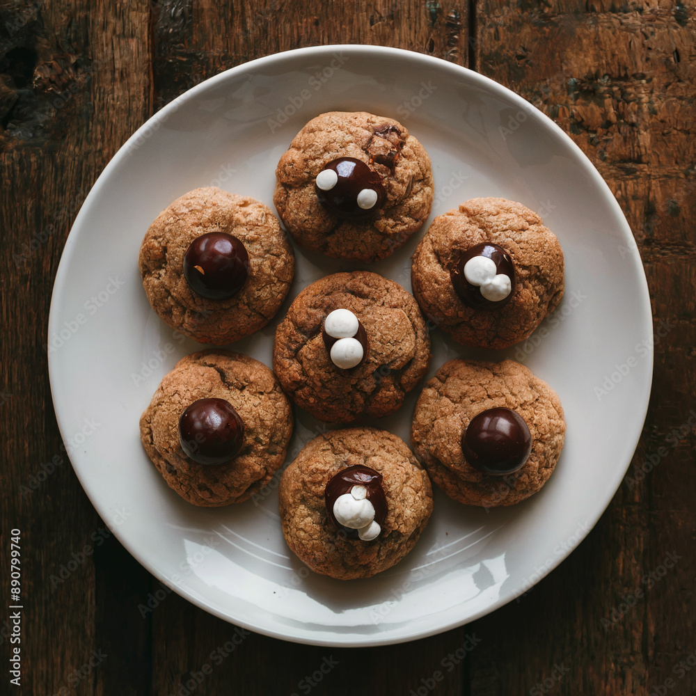 shortbread cookies placed on a white plate decorated with chocolate on wooden boards shortbread cookies placed on a white plate decorated with chocolate on wooden boards