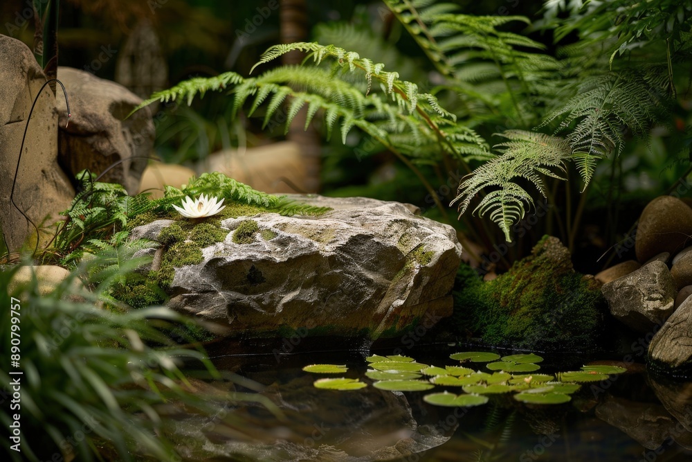 Jardin de spa avec bassin, nénuphars et végétation luxuriante Jardin de spa avec bassin, nénuphars et végétation luxuriante