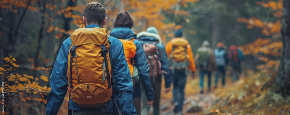 A group of hikers walk through a forest trail. A group of hikers walk through a forest trail.
