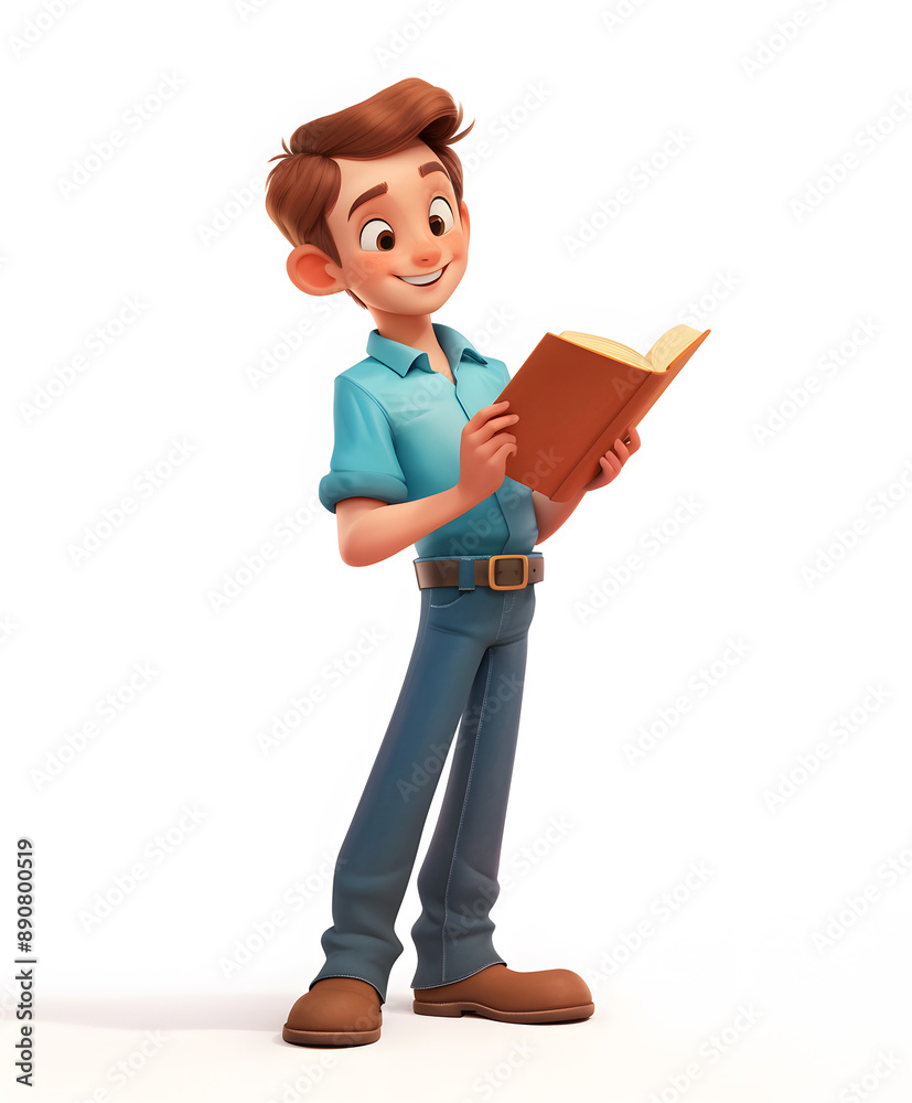 Happy 3D cartoon character of student concentrating on reading on white background Happy 3D cartoon character of student concentrating on reading on white background