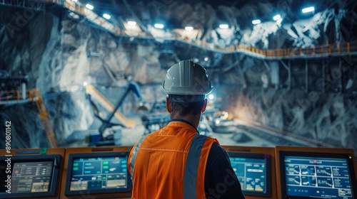 A worker in safety gear oversees operations at an industrial control panel in a mine