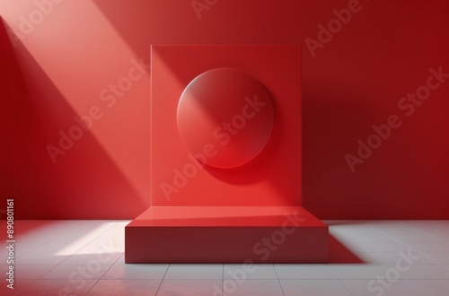 Red Circle and Three Circular Platforms in a Red Room