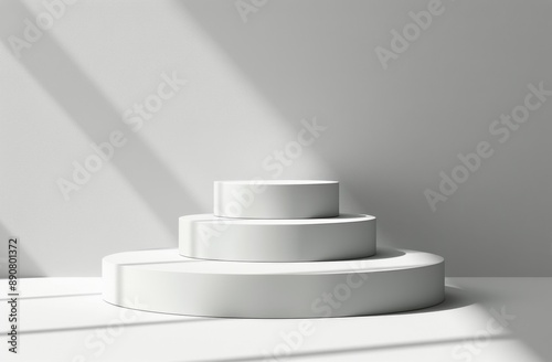White Platform Display With Sunlight Streaming Through Windows