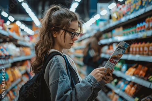 Young woman reads product label while buying diary product in supermarket, Generative AI