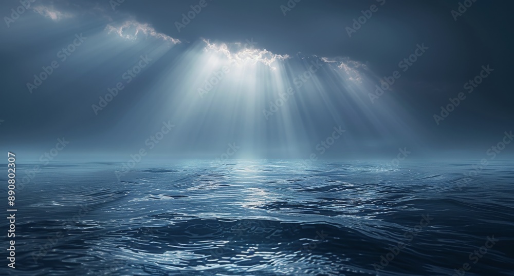 Nighttime View of a Starry Sky Above a Calm Sea With a Beam of Light Nighttime View of a Starry Sky Above a Calm Sea With a Beam of Light