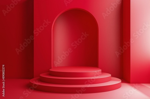 Red Circle and Three Circular Platforms in a Red Room