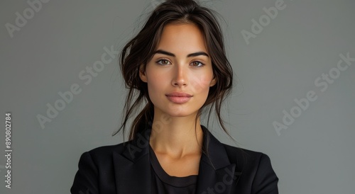Young Woman With Long Brown Hair Wearing a Black Blazer in Front of a Gray Wall