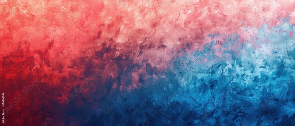 Fototapeta premium A vibrant abstract painting with a gradient blend from warm red hues to cool blue tones. Textured brushstrokes create a dynamic and lively atmosphere.
