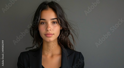 Young Woman With Long Brown Hair Wearing a Black Blazer in Front of a Gray Wall