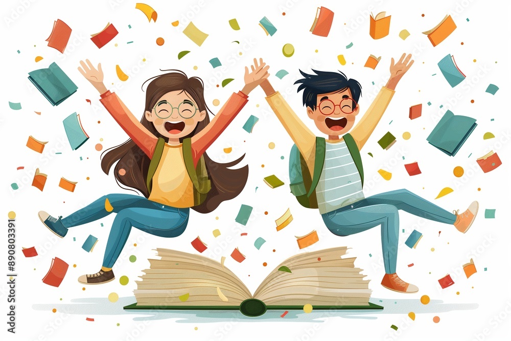 Happy Children Jumping From Open Book With Falling Books and Confetti Happy Children Jumping From Open Book With Falling Books and Confetti
