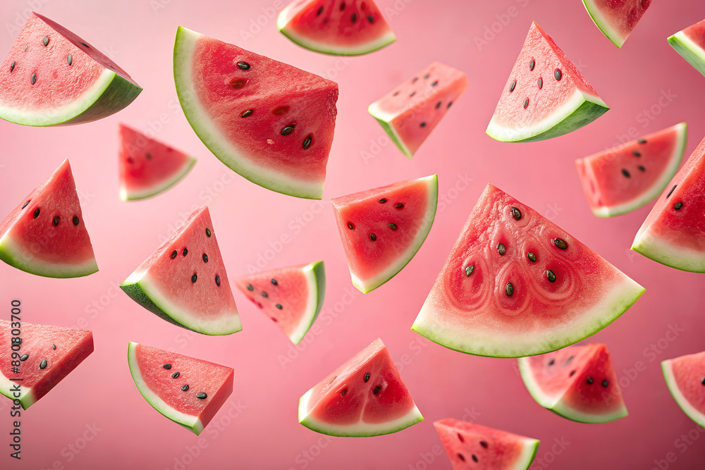 Fresh watermelon slices falling on a pastel pink background. Emphasize the texture and freshness. Fresh watermelon slices falling on a pastel pink background. Emphasize the texture and freshness.