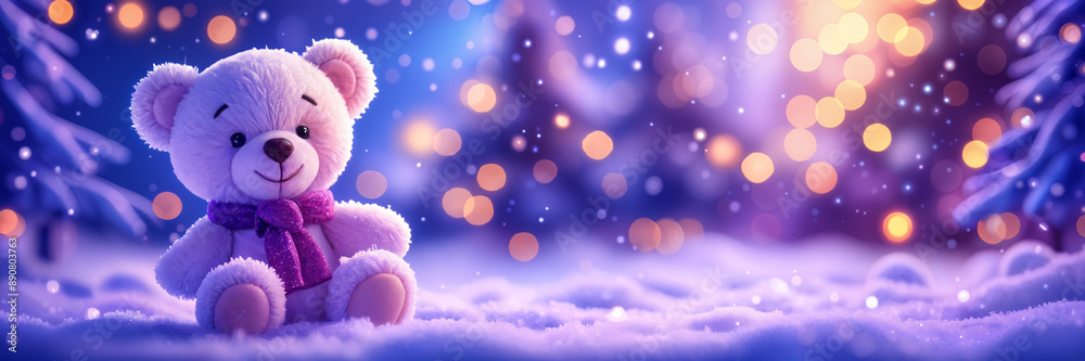 Cute teddy bear sitting on the snow, wearing a pink scarf and surrounded by sparkling lights that create a festive atmosphere. Cute teddy bear sitting on the snow, wearing a pink scarf and surrounded by sparkling lights that create a festive atmosphere.