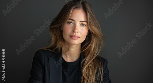 Portrait of a Woman With Long Brown Hair Wearing a Black Blazer Against a Dar...