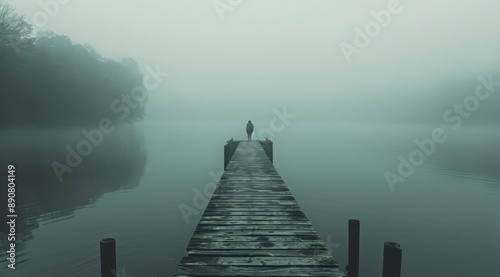 A Solitary Figure Walks a Wooden Dock on a Foggy Morning