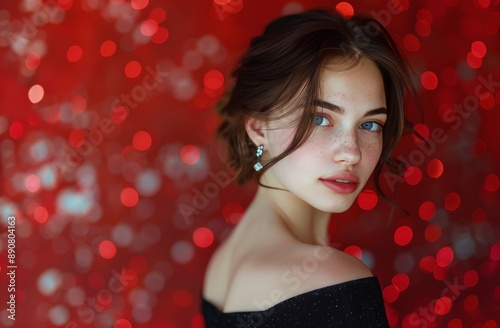 Young Woman With Blue Eyes Looking Over Shoulder Against Red Bokeh Background